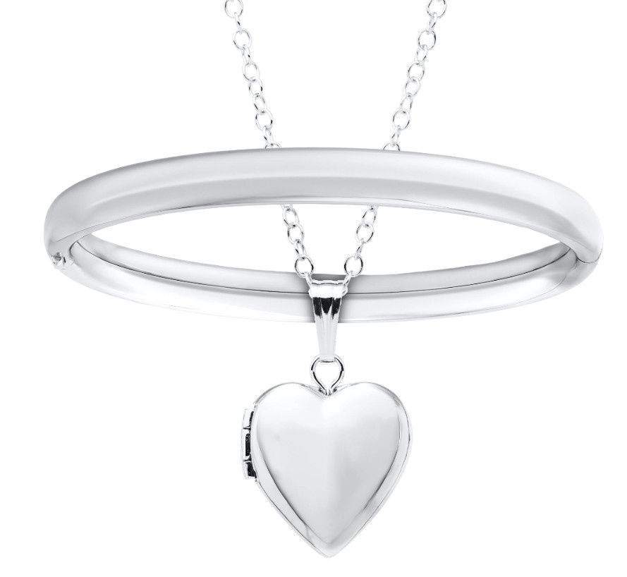 Child's Silver Bangle and Heart Pendant Set