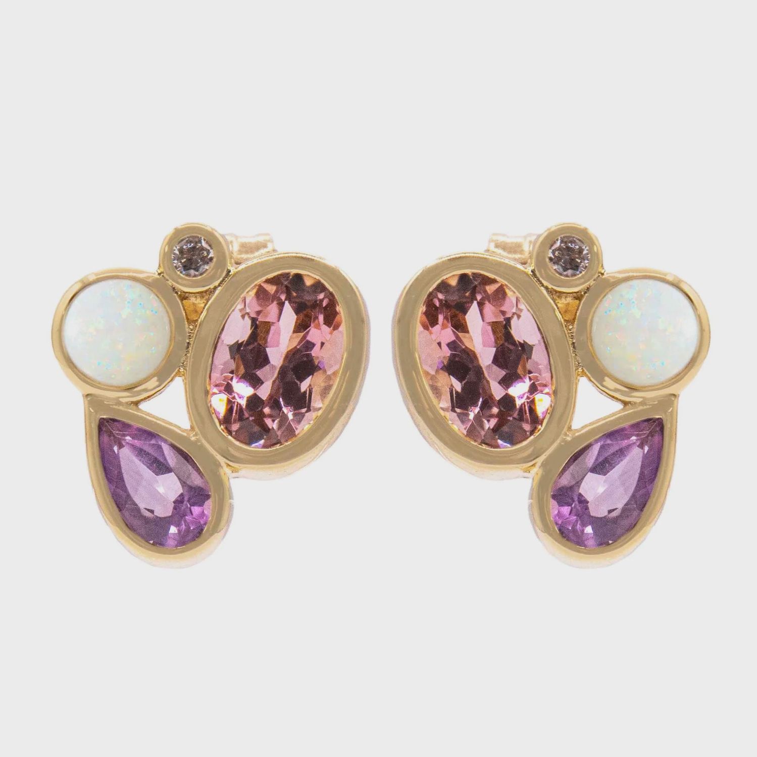 14k YG 1.00ct Pink Tourmaline, 0.37ct Opal, 0.37ct Amethyst, 0.02ct diamond Earrings 14k YG 1.00ct Pink Tourmaline, 0.37ct Opal, 0.37ct Amethyst, 0.02ct diamond Earrings