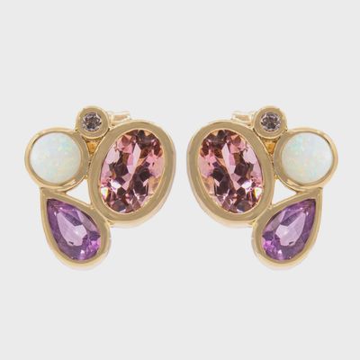 14k YG 1.00ct Pink Tourmaline, 0.37ct Opal, 0.37ct Amethyst, 0.02ct diamond Earrings