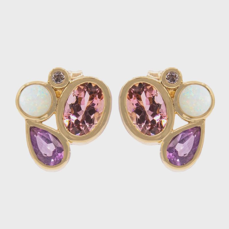 14k YG 1.00ct Pink Tourmaline, 0.37ct Opal, 0.37ct Amethyst, 0.02ct diamond Earrings