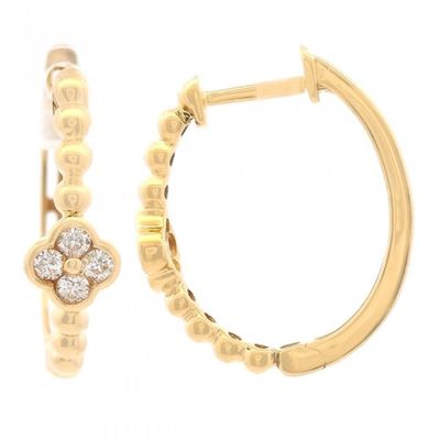 14k YG 0.20ctw Diamond Beaded Clover Hoop Earrings