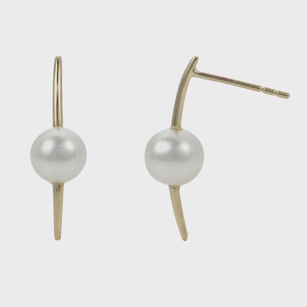14K YG Akoya Pearl Arced Bar Earrings