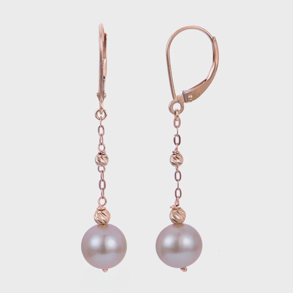 14k RG 8-9mm Freshwater Pink Pearl Drop Earrings 14k RG 8-9mm Freshwater Pink Pearl Drop Earrings