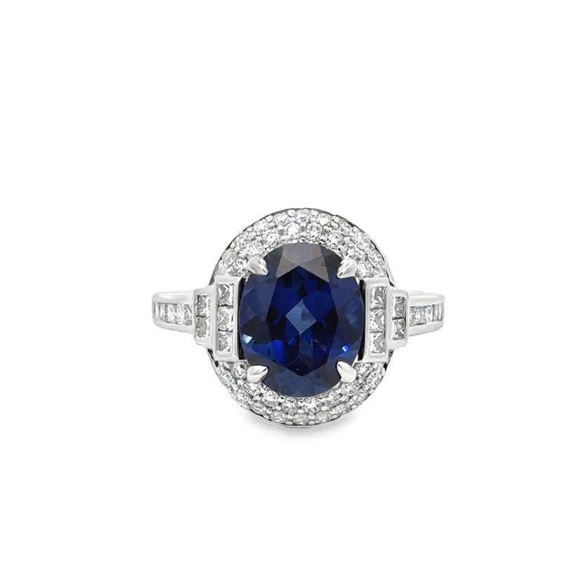 10k WG 0.65ctw Lab Diamond & 3.50ct Lab Sapphire Ring