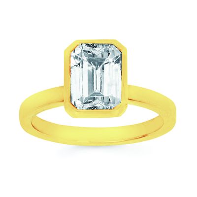 14k YG 2.00ct Lab Diamond Emerald Cut Bezel Set Ring