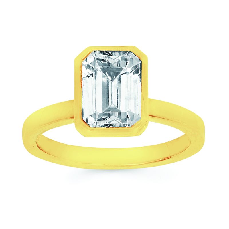 14k YG 2.00ct Lab Diamond Emerald Cut Bezel Set Ring