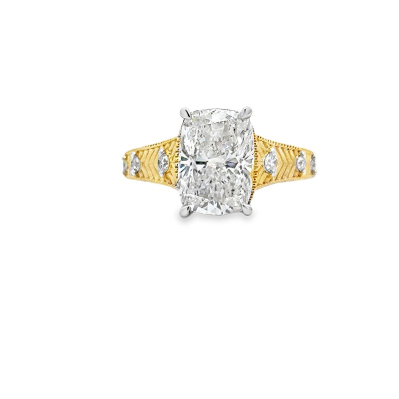 14k YG 3.10ctw Lab Diamond Cushion & Gold Engagement Ring