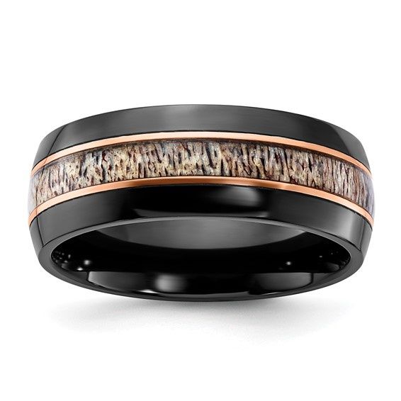 Black Zirconium Polished Rose IP-plated w/ Antler Inlay, Ring Size: size 9.5