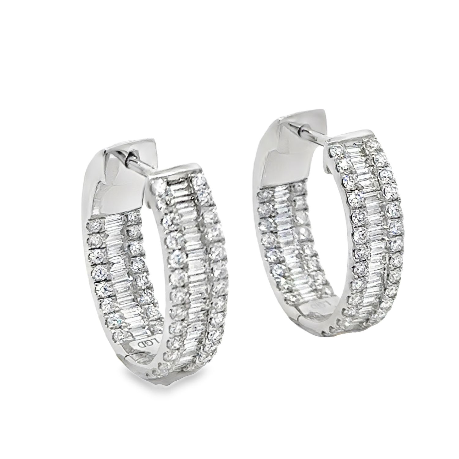 10k WG 1.65ctw Lab Diamond Inside-Out Round and Baguette Hoop Earrings