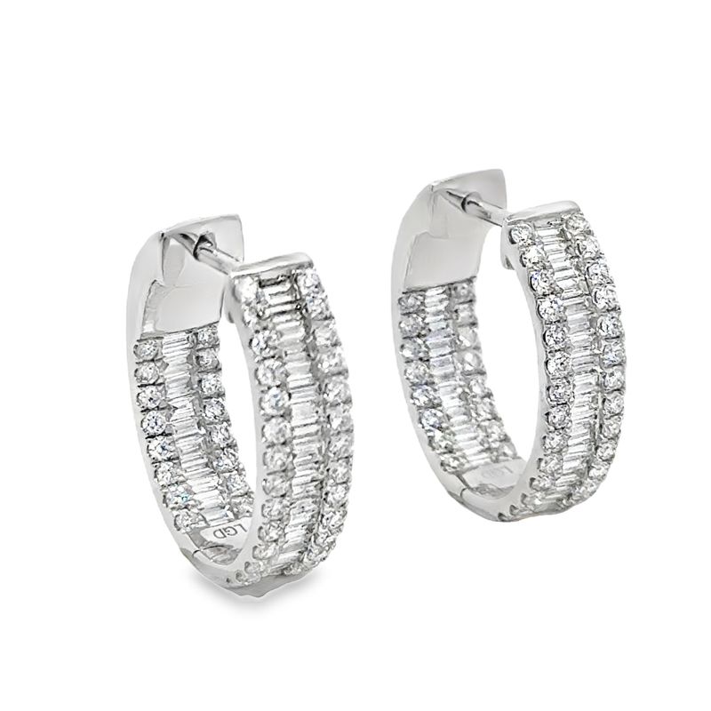 10k WG 1.65ctw Lab Diamond Inside-Out Round and Baguette Hoop Earrings