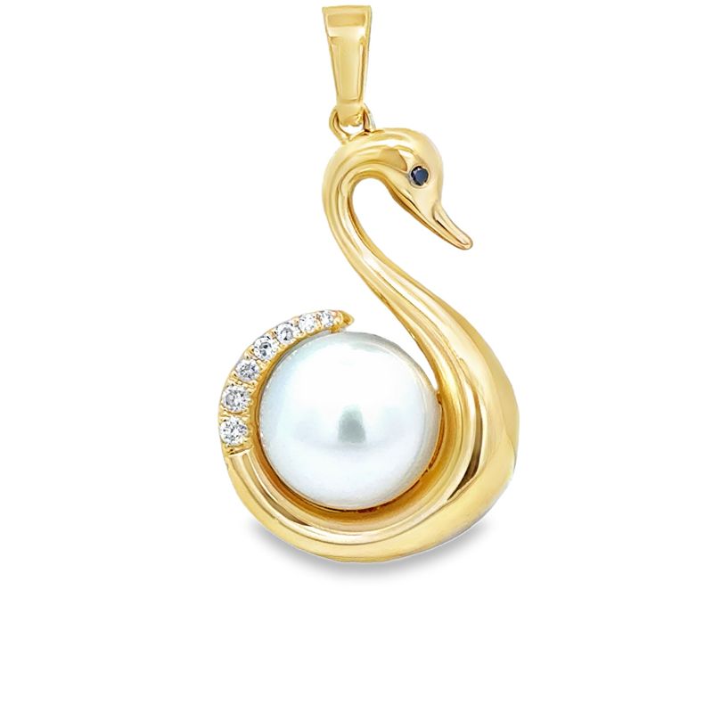 14k YG 0.06ctw Diamond and Pearl Swan Pendant