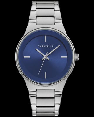 Caravelle Men's Watch Box Set Blue Sunray Dial With Silver Tone Bracelet