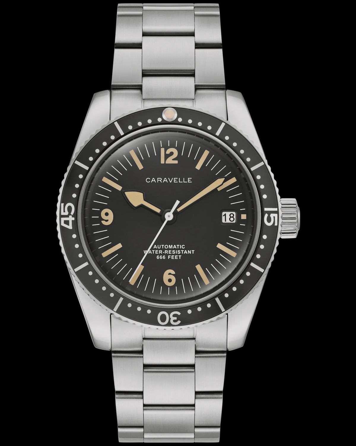 Caravelle Men's Sea Hunter Automatic Silver Tone Black Dial Watch