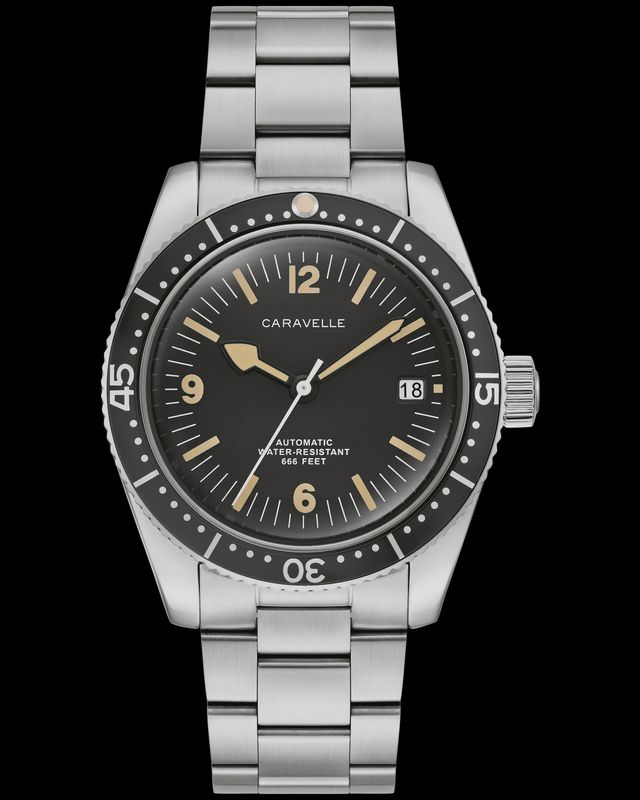 Caravelle Men's Sea Hunter Automatic Silver Tone Black Dial Watch