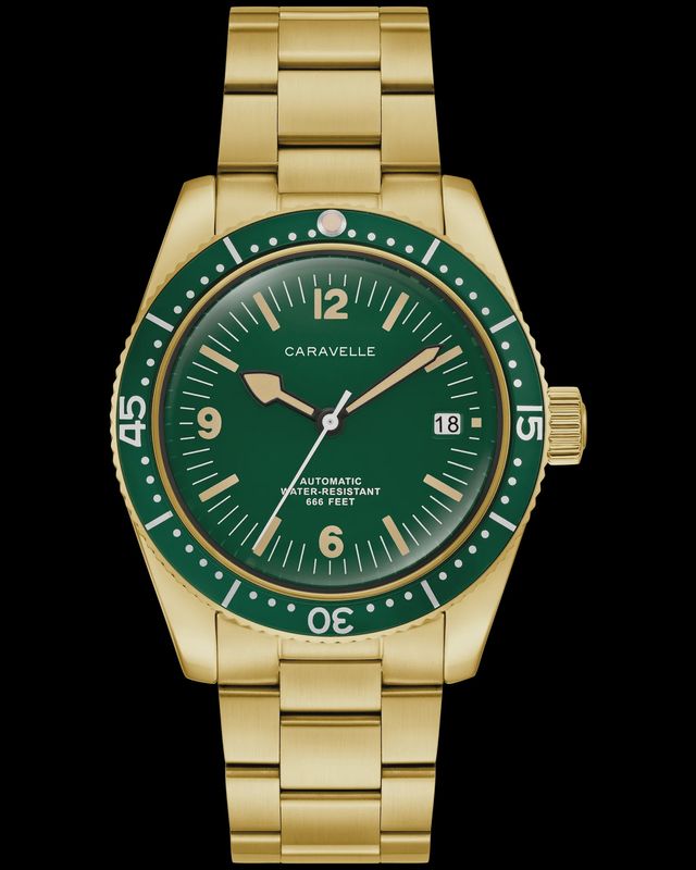 Caravelle Men's Sea Hunter Automatic Gold Tone Green Dial Watch