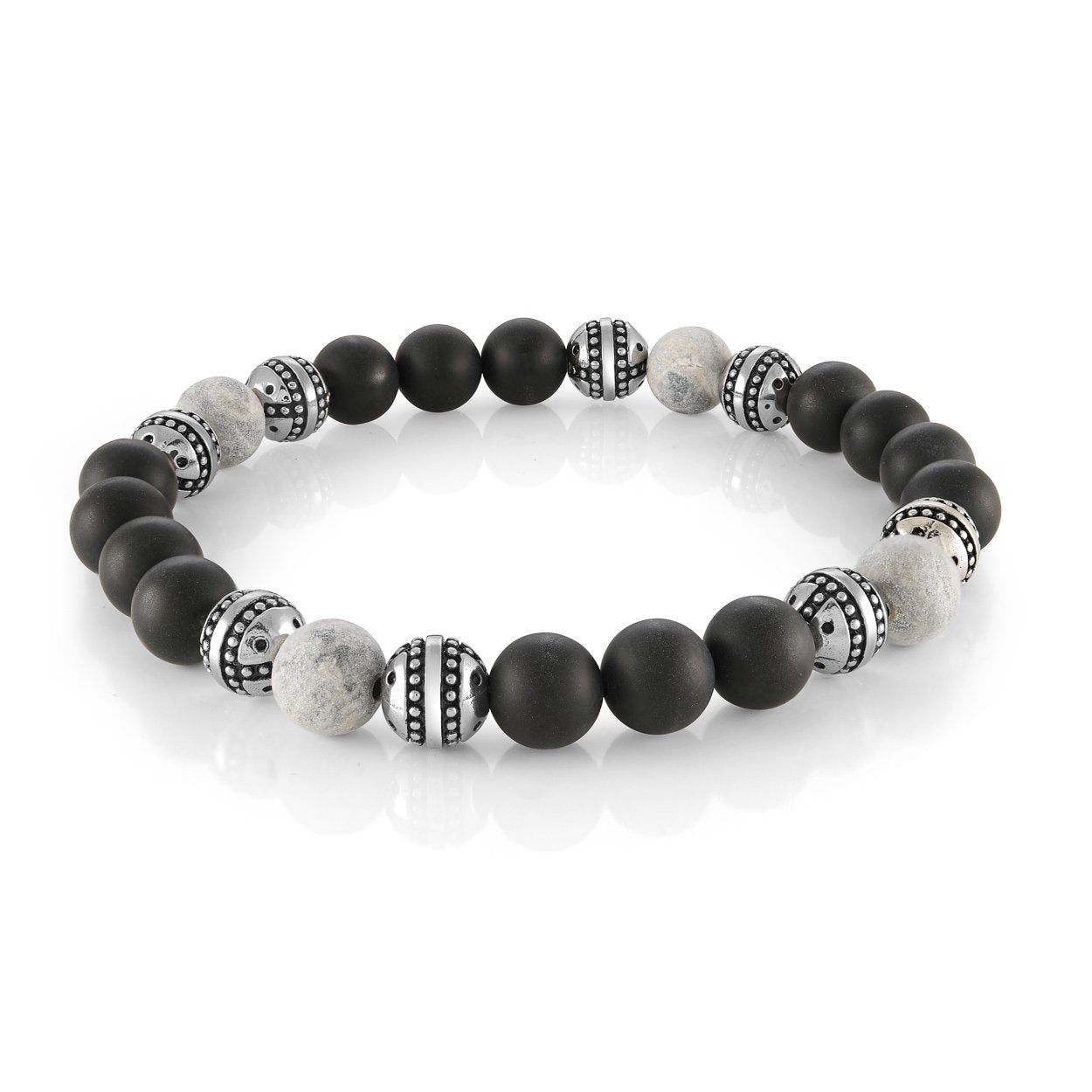 Men's Steel, Black Onyx & Grey-Stone Bead Bracelet