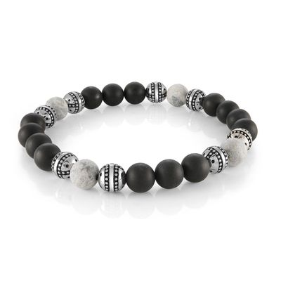 Men's Steel, Black Onyx & Grey-Stone Bead Bracelet