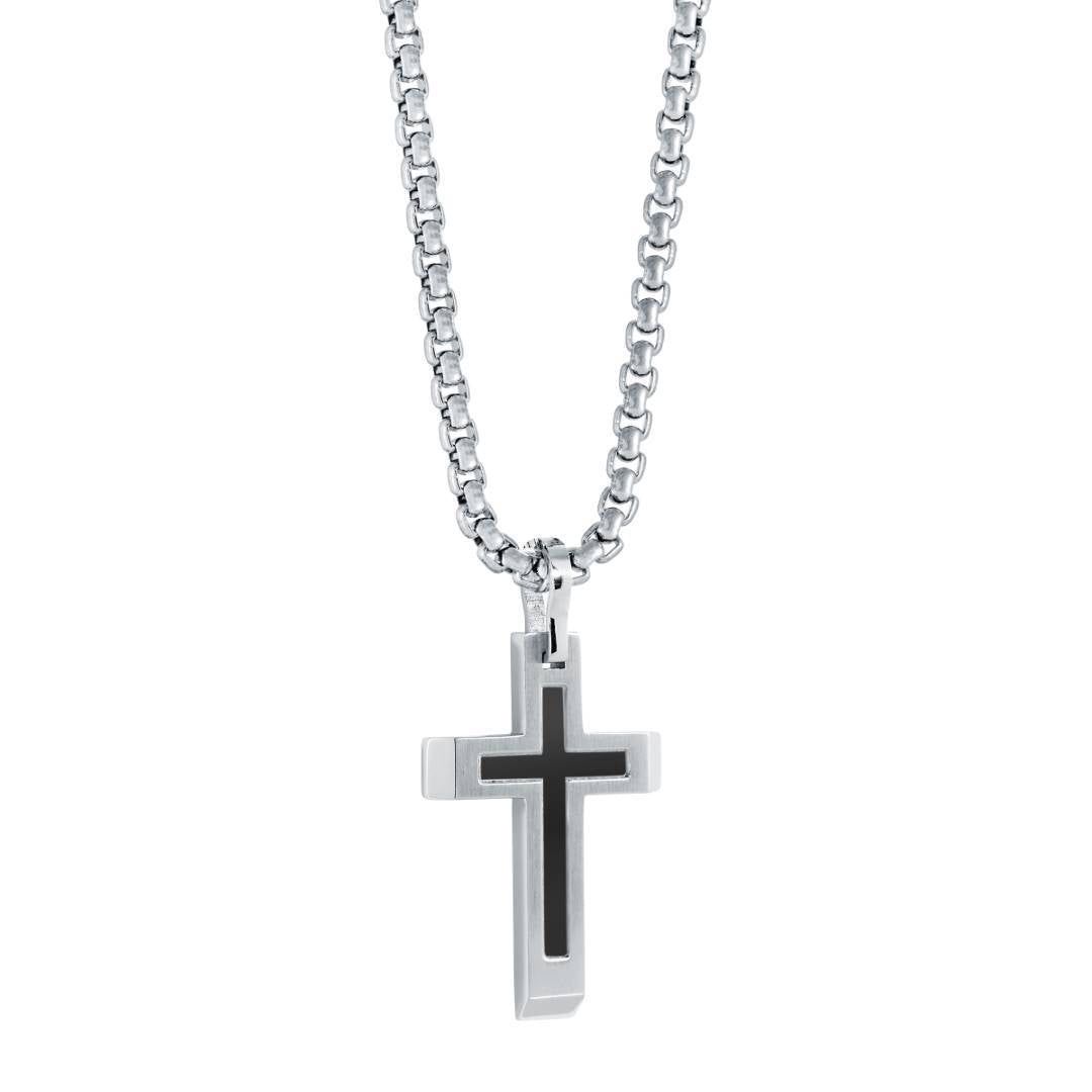 Stainless Steel Black IP Matte Centre Cross Necklace 22"