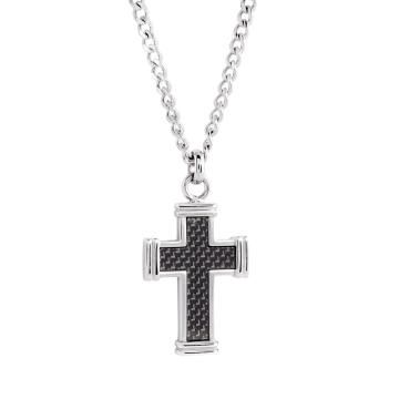 Stainless Steel Black Carbon Fiber Cross Necklace — 22"