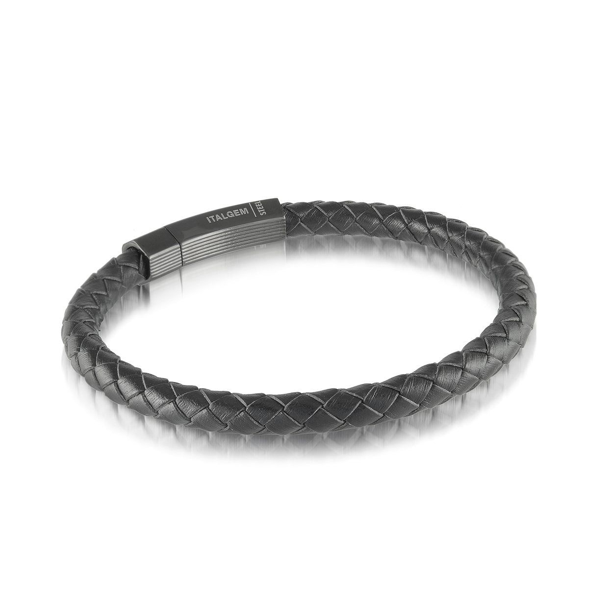 Stainless Steel Black IP Push‑Clasp Black Leather Bracelet  8.25"