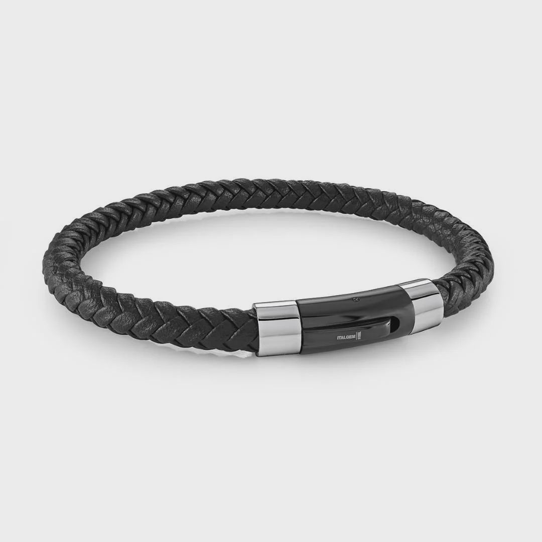 Stainless Steel Black IP Push‑Clasp Black Leather Bracelet — 8.25"