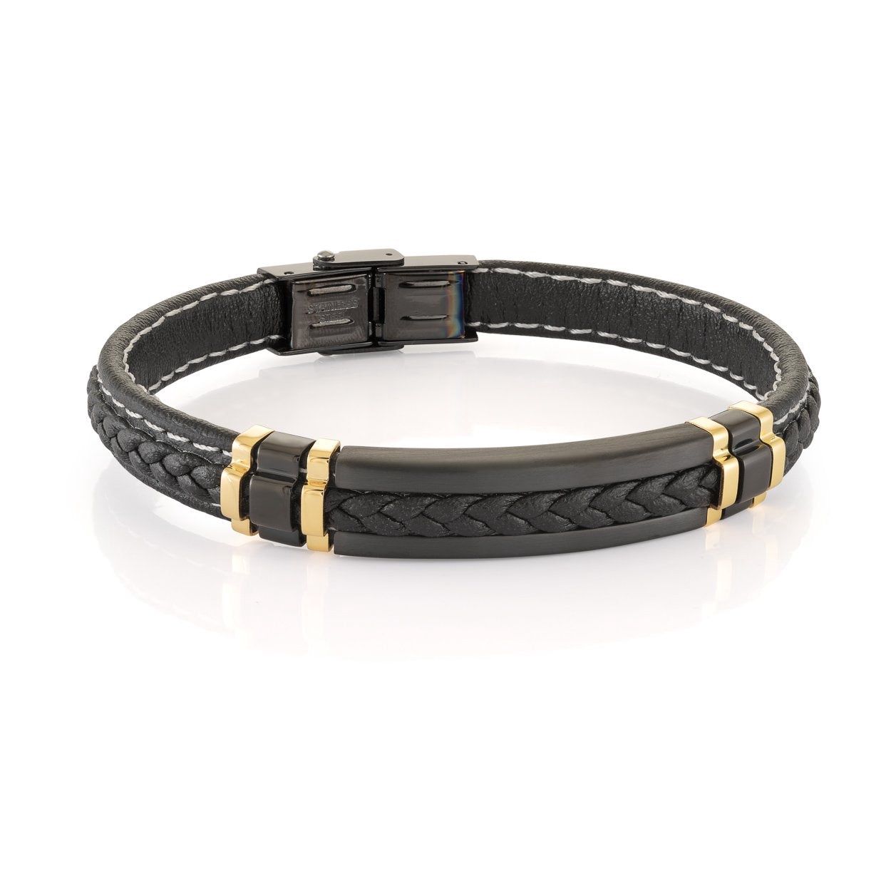 Stainless Steel Black‑Gold IP Braided Leather Bracelet — 8"