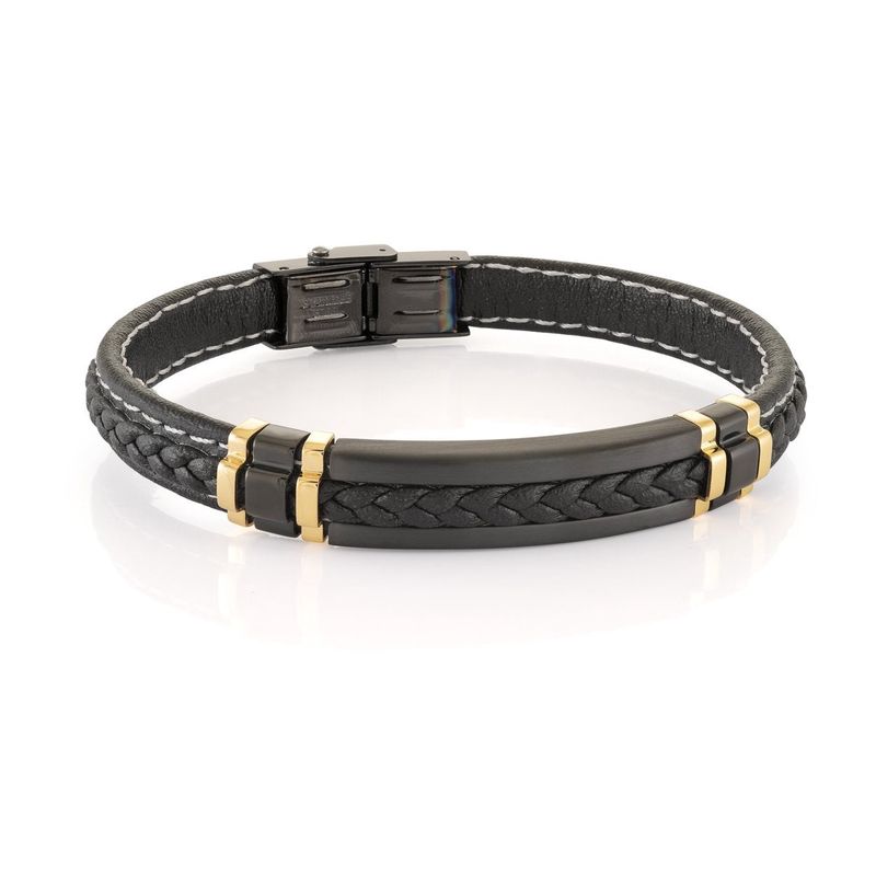 Stainless Steel Black‑Gold IP Braided Leather Bracelet — 8"