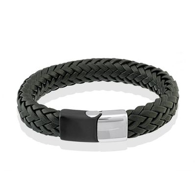 Stainless Steel Black Matte Sideways‑Clasp Black Leather Bracelet — 8.2"