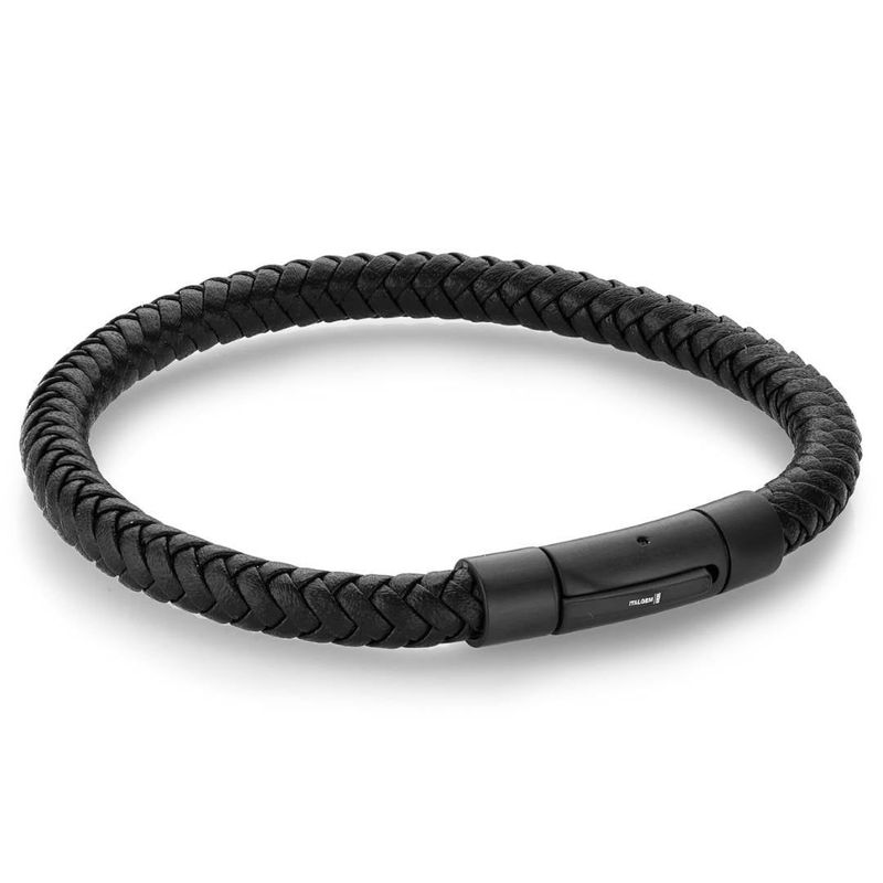Stainless Steel Black IP Push‑Clasp Black Leather Bracelet 8.25"