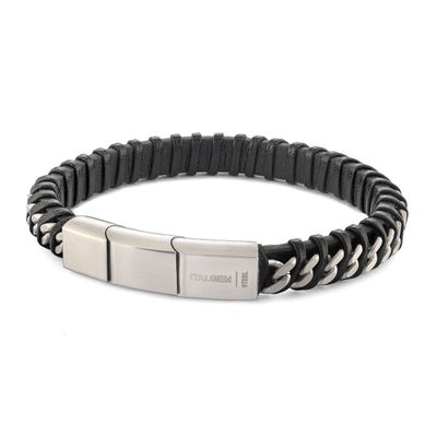 Stainless Steel Curb‑Link Black Leather Twisted‑Design Bracelet — 8.5"