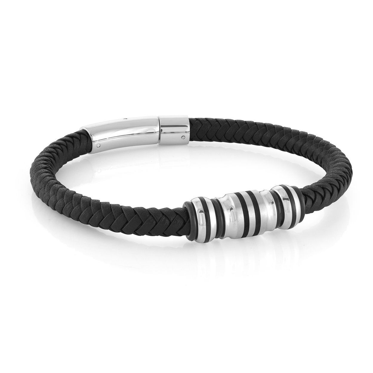 Stainless Steel Black IP Beads and Black Leather Bracelet — 8.25"