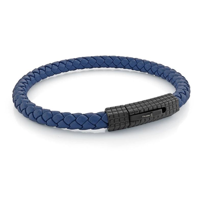 Stainless Steel Black IP Octagon‑Cage Blue Leather Bracelet — 8.5"