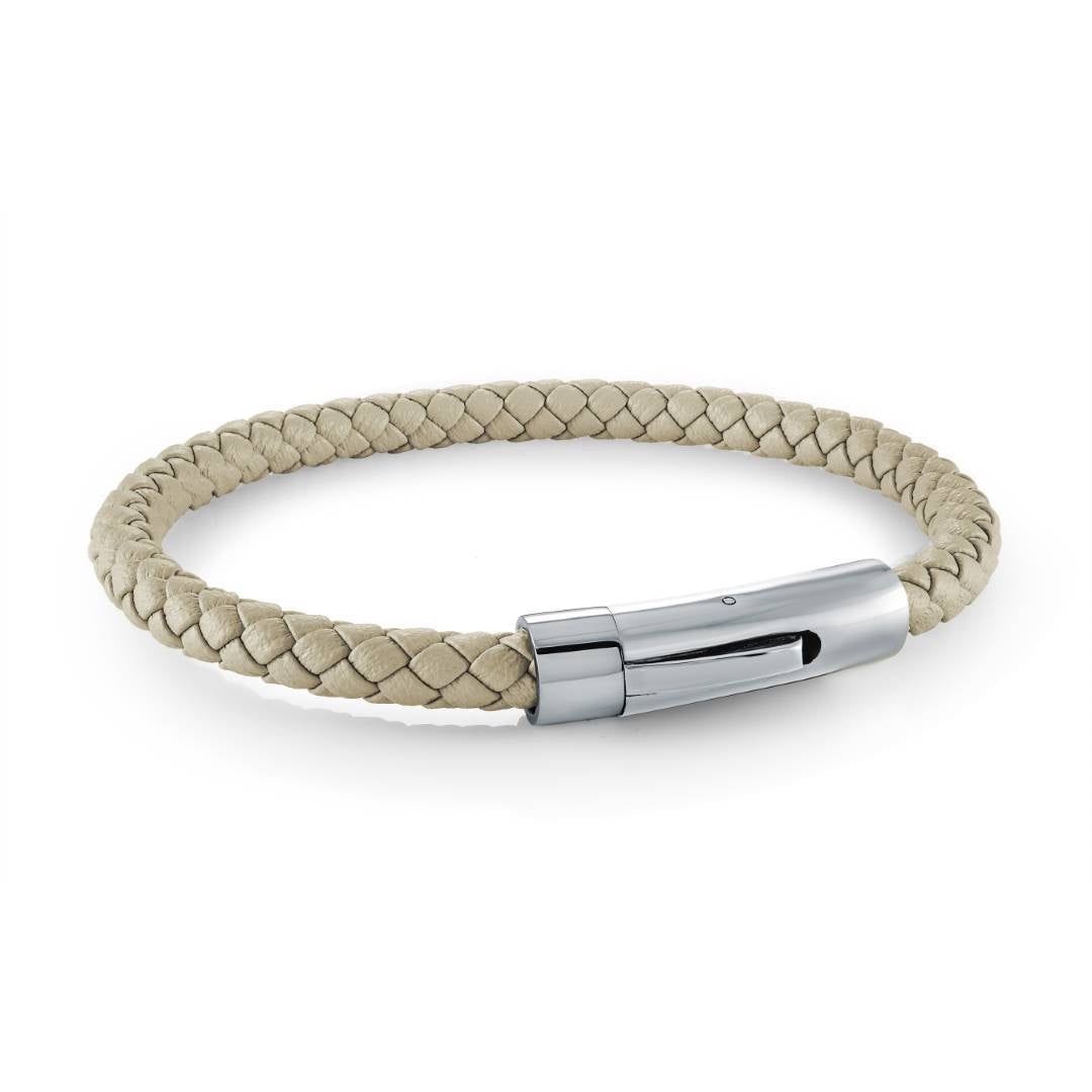Stainless Steel Push‑Clasp Oatmeal Leather Bracelet — 8"
