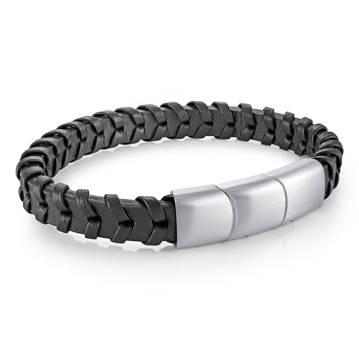 Stainless Steel 10mm Black Leather Bracelet — Adjustable 8 + 0.5"