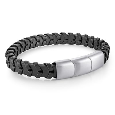 Stainless Steel 10mm Black Leather Bracelet — Adjustable 8 + 0.5"