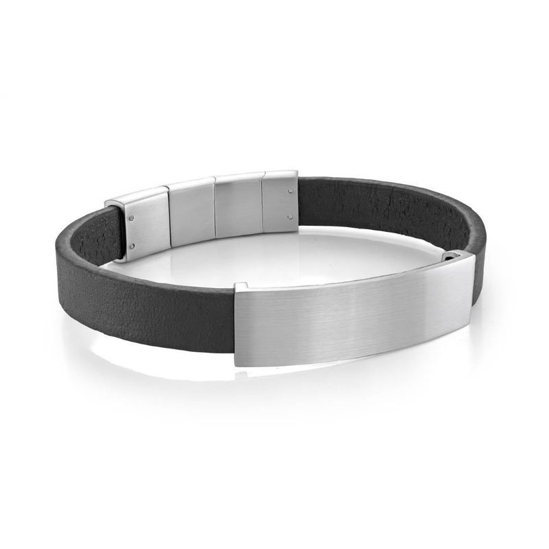 Stainless Steel ID‑Plate Black Leather Bracelet — 10mm, Adjustable