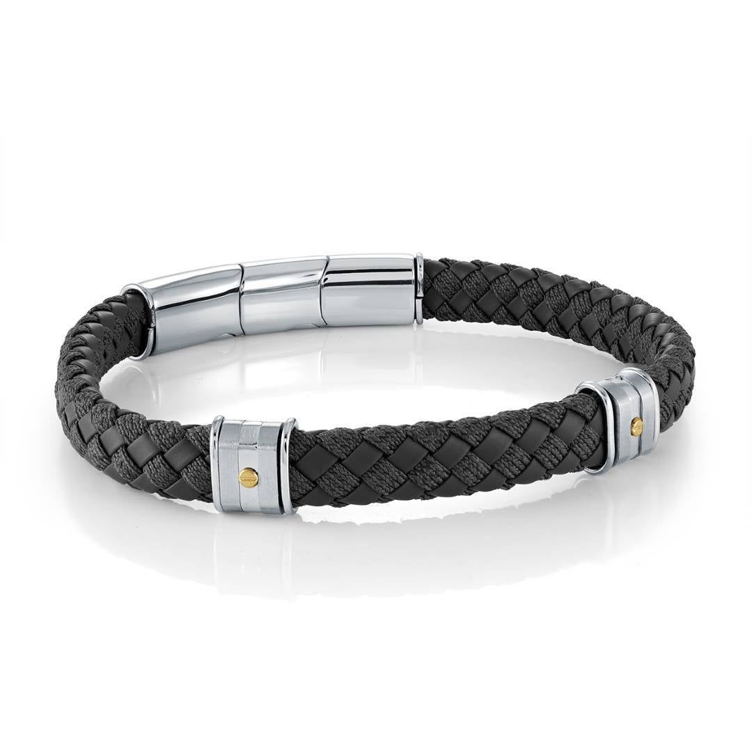 Stainless Steel Black Leather Bracelet with Gold IP Accents — Adjustable