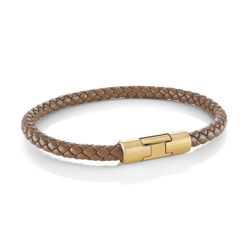 Gold IP Stainless Steel Tan Leather Bracelet with Brushed H‑Clasp — 5mm, 8"