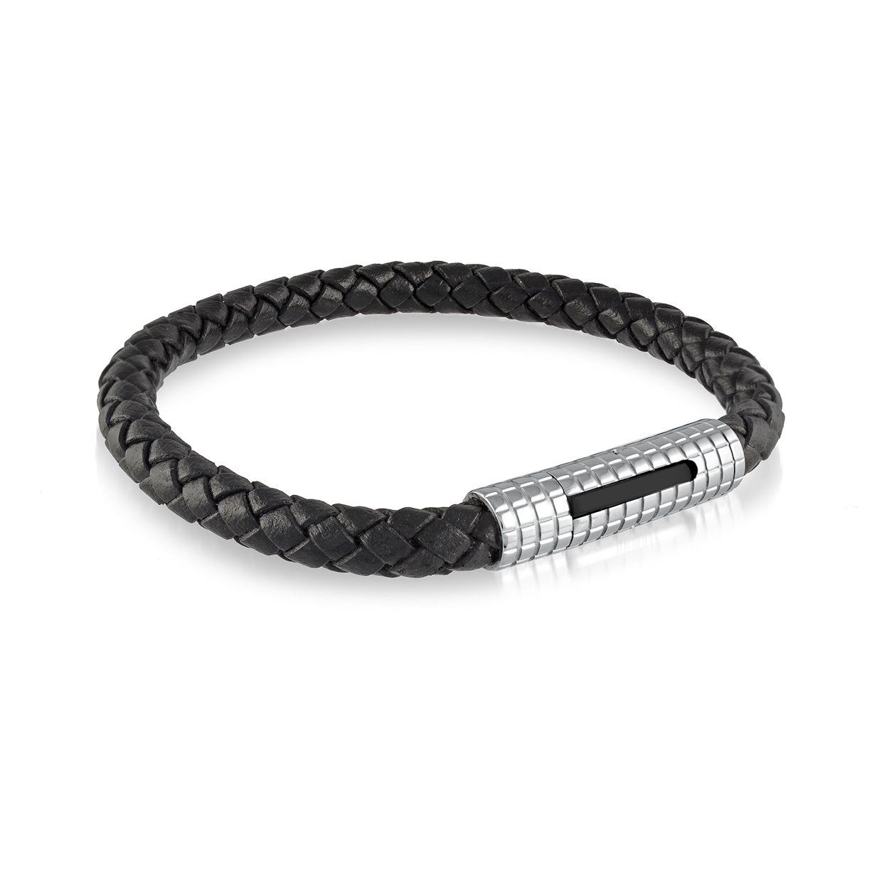 Black IP Textured‑Clasp Braided Leather Bracelet — 8.25"