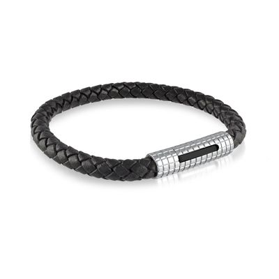 Black IP Textured‑Clasp Braided Leather Bracelet — 8.25 Black IP Textured‑Clasp Braided Leather Bracelet — 8.25"