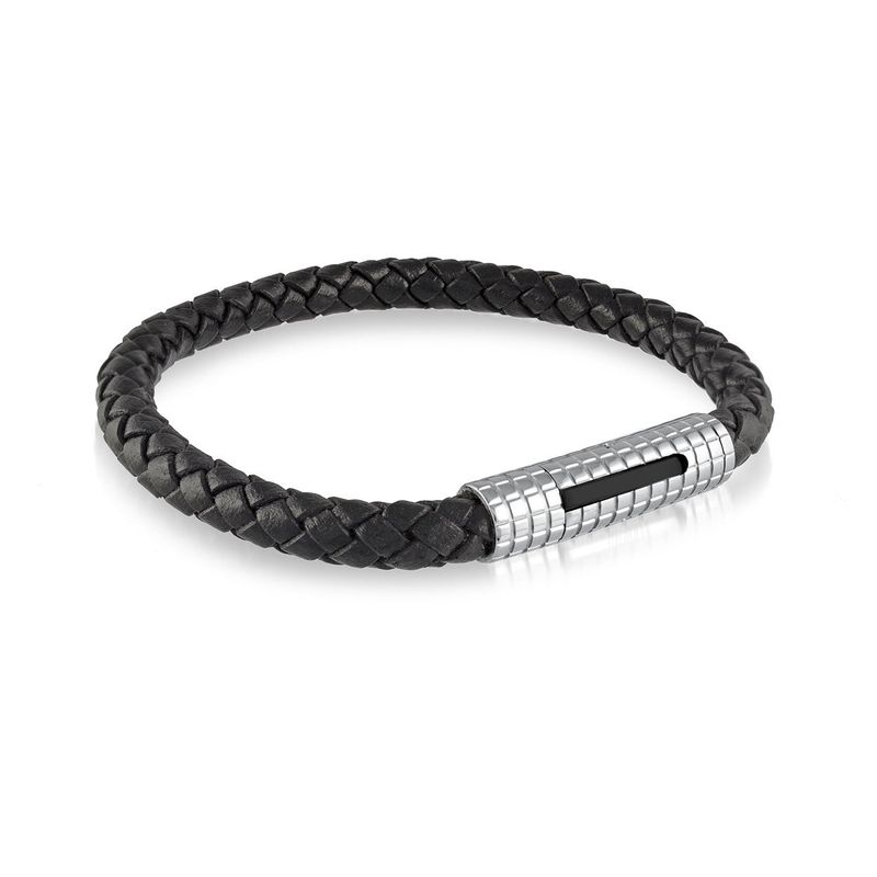 Black IP Textured‑Clasp Braided Leather Bracelet — 8.25"