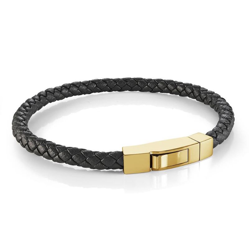 Gold IP Stainless Steel Black Leather Box‑Push Clasp Bracelet — 5mm, 8"