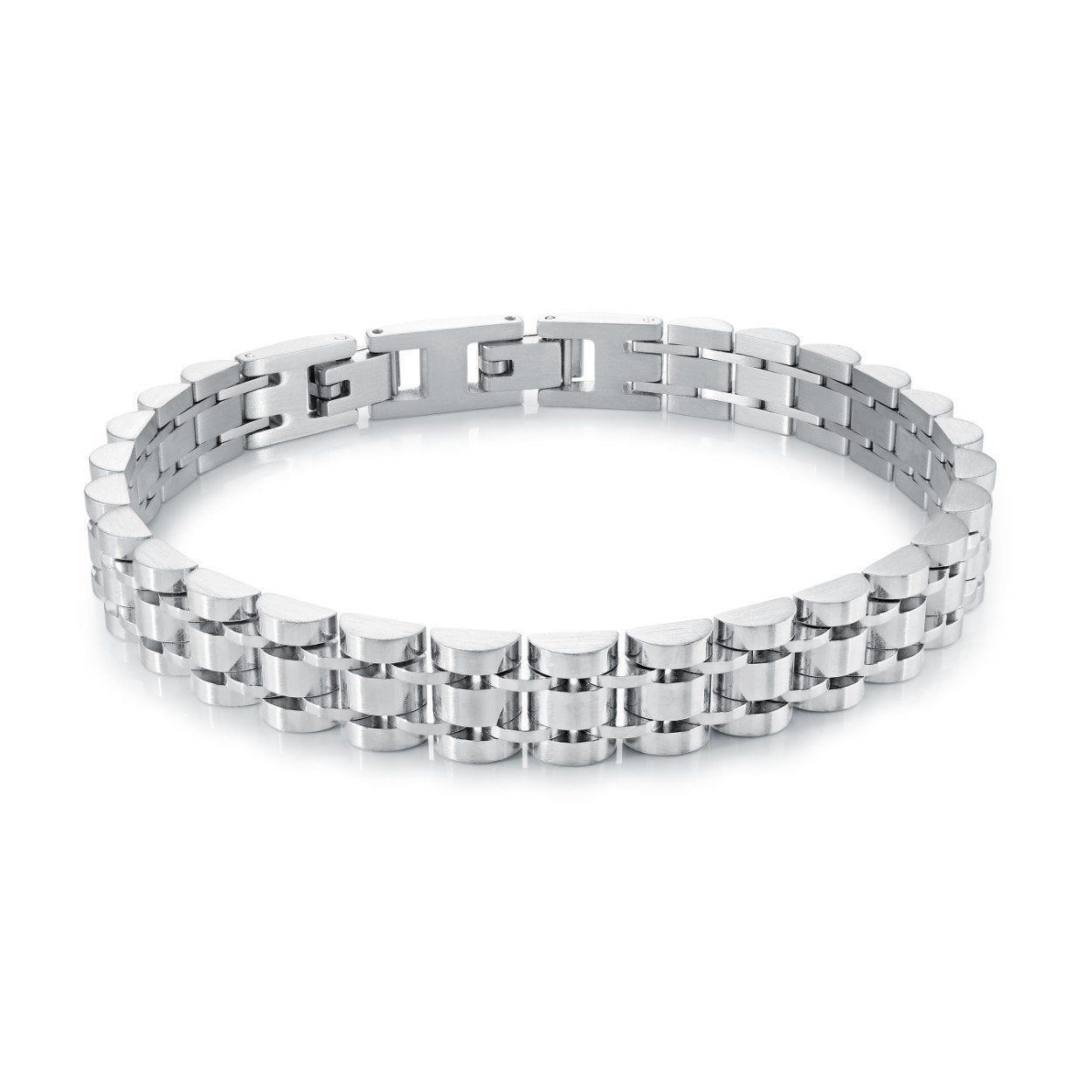 Tri‑Link Watch‑Style Stainless Steel Bracelet — 9mm, 8 + 0.5"