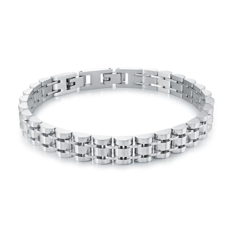 Tri‑Link Watch‑Style Stainless Steel Bracelet — 9mm, 8 + 0.5"