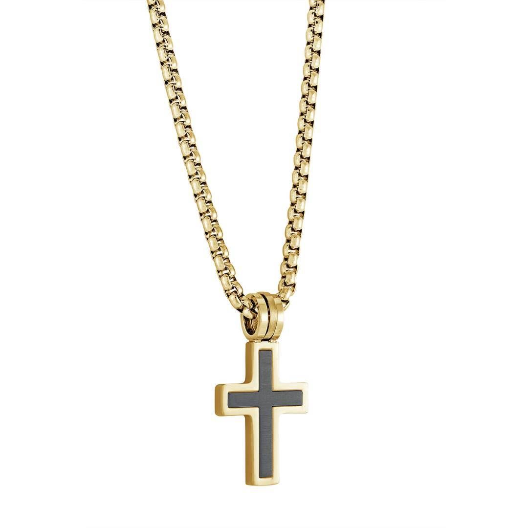 Juniors Gold & Black Brushed Cross Necklace – Stainless Steel