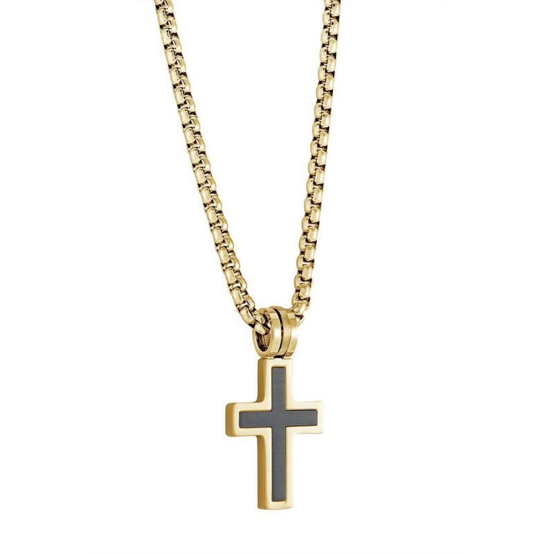 Juniors Gold & Black Brushed Cross Necklace – Stainless Steel