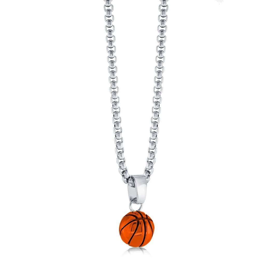 Juniors Basketball Pendant Necklace – Orange & Black Ion-Plated Stainless Steel