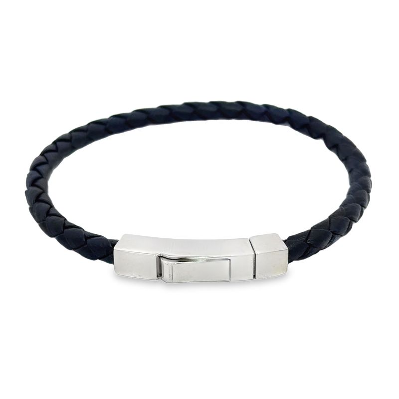 Juniors Navy Braided Leather Bracelet – 4mm Stainless Steel