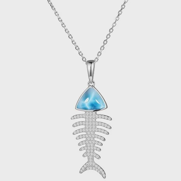 .925 SS Larimar Fish Bone Pendant Necklace
