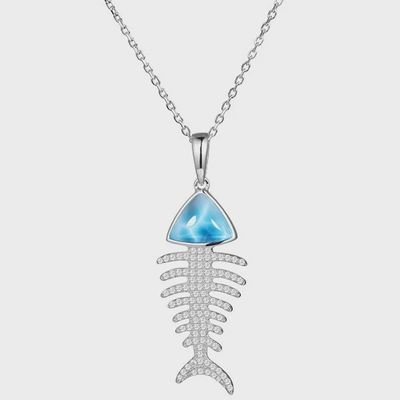 .925 SS Larimar Fish Bone Pendant Necklace